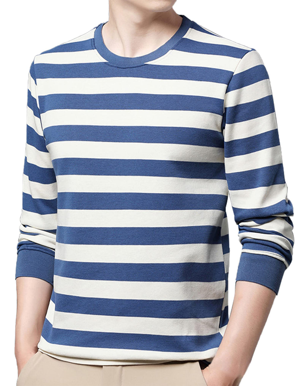 SHUIANGRAN Mens Blue and White Striped T-Shirt Sport Cotton Crew Neck Shirts Classic Fit Casual Fashion Sweatshirt Long Sleeve Pullover G011-8915 Blue US M