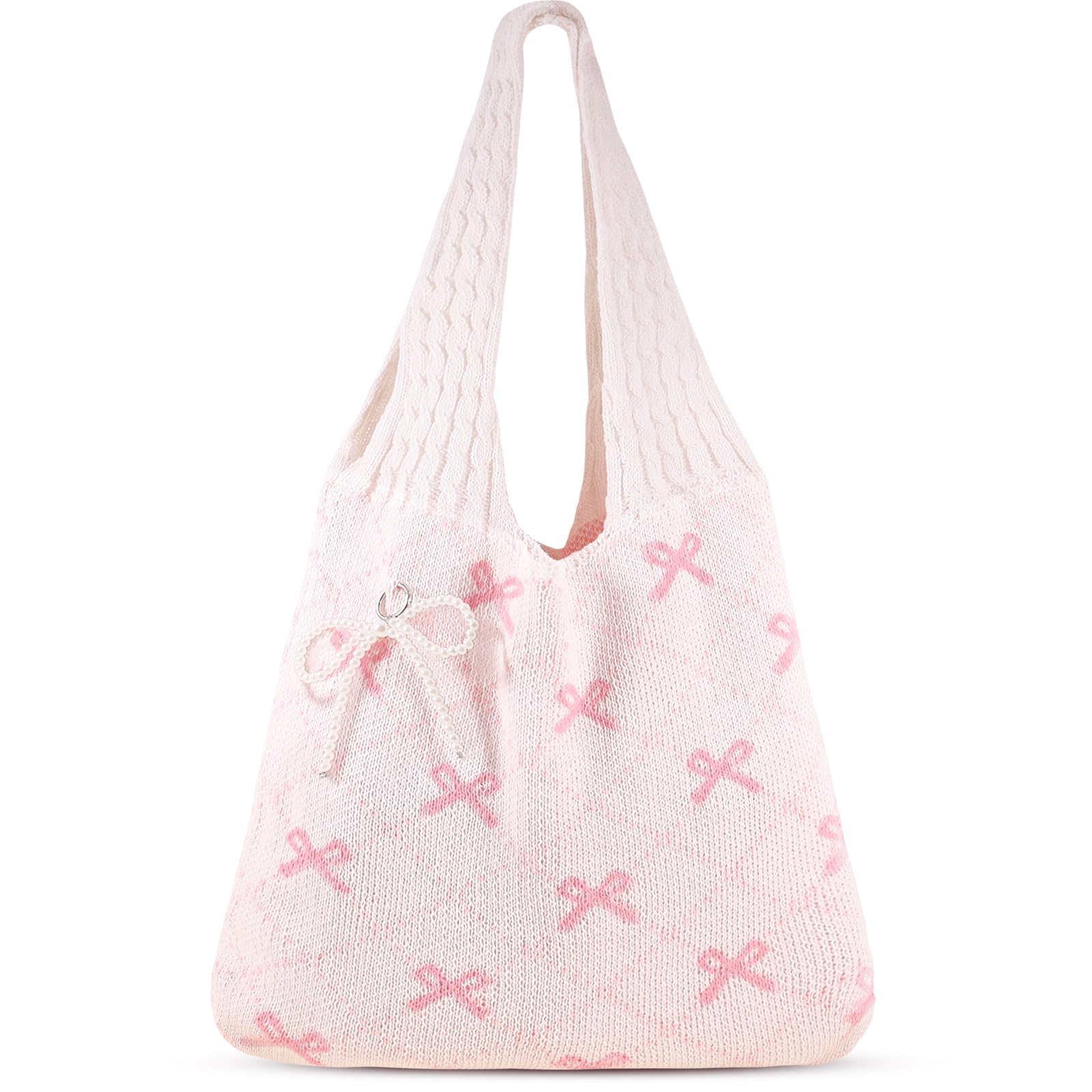 Coquette Crochet Tote Bag Cute Pink Tote Bag with Bag Charms Keychain Aesthetic Shoulder Bag Handbags for Women Girls