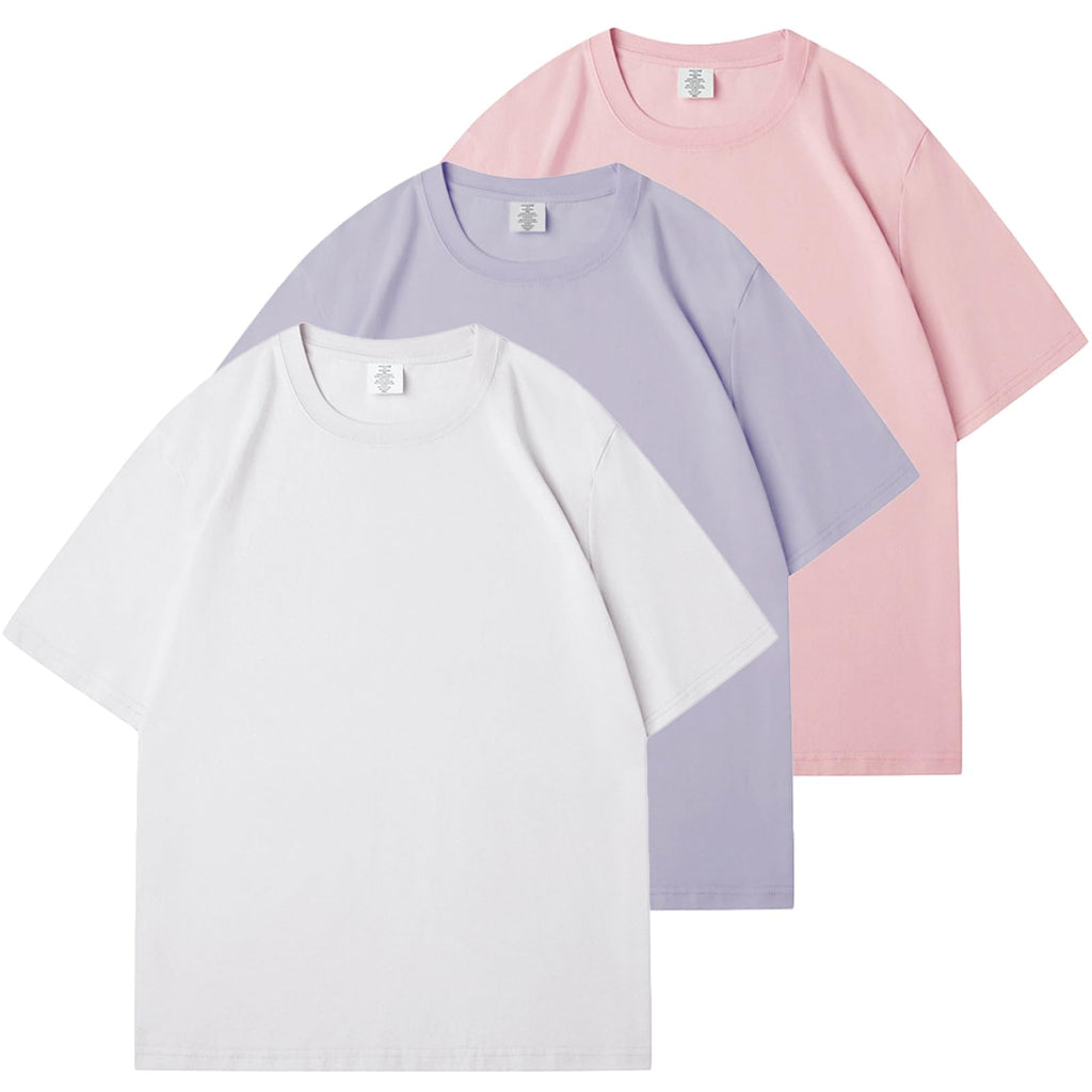 KEEPSHOWING Mens Cotton T-Shirts Oversized Unisex Short Sleeve Crew Neck Loose Basic Tops Solid Athletic Tee(White+Pink+Purple S)