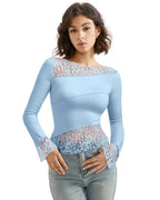 SUUKSESS Women Lace Long Sleeve Top Sexy Mesh Sheer Crew Neck T Shirts Y2k Tops (Light BlueM)