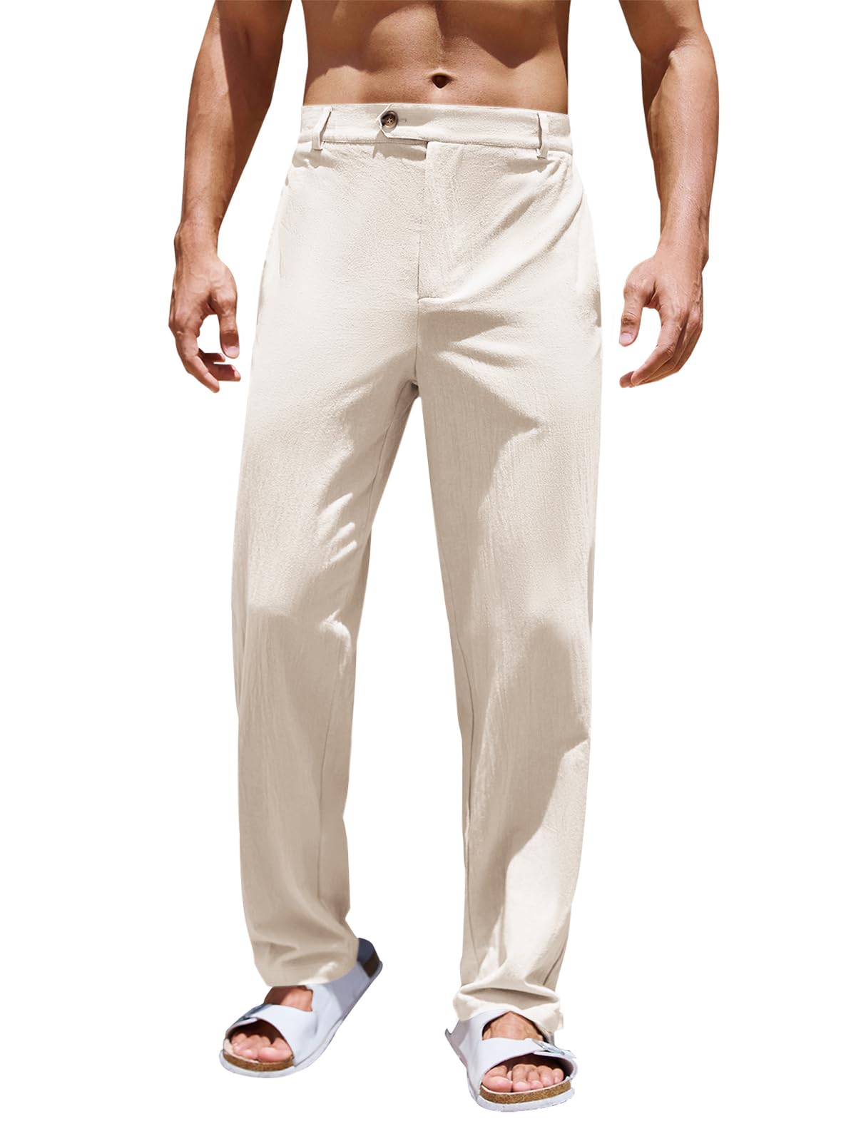 PASLTER Mens Cotton Linen Loose Pant Casual Lightweight Flat-Front Trouser Yoga Beach Pants for Men Beige