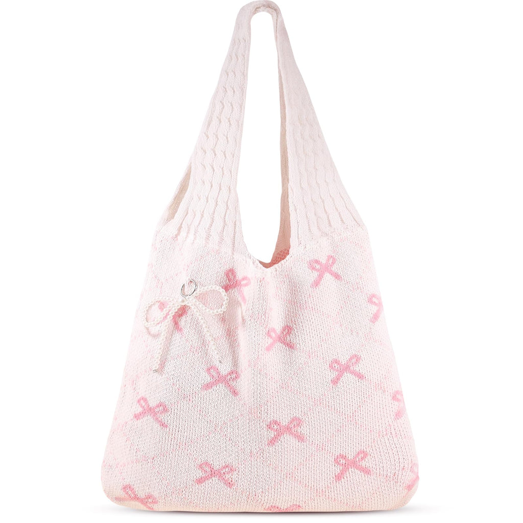Coquette Crochet Tote Bag Cute Pink Tote Bag with Bag Charms Keychain Aesthetic Shoulder Bag Handbags for Women Girls
