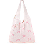Coquette Crochet Tote Bag Cute Pink Tote Bag with Bag Charms Keychain Aesthetic Shoulder Bag Handbags for Women Girls