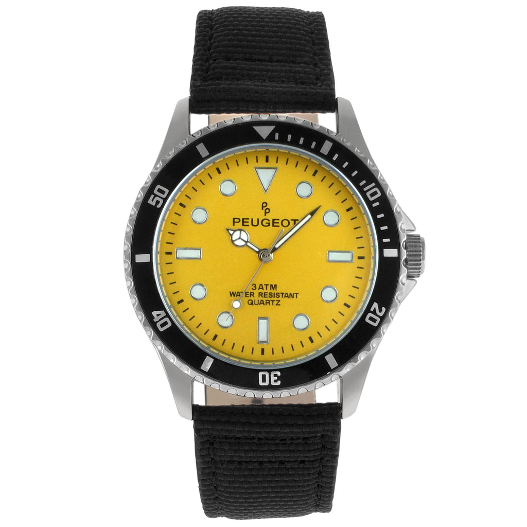 Peugeot Mens Sport Bezel Watch with Yellow Canvas Wrist Band