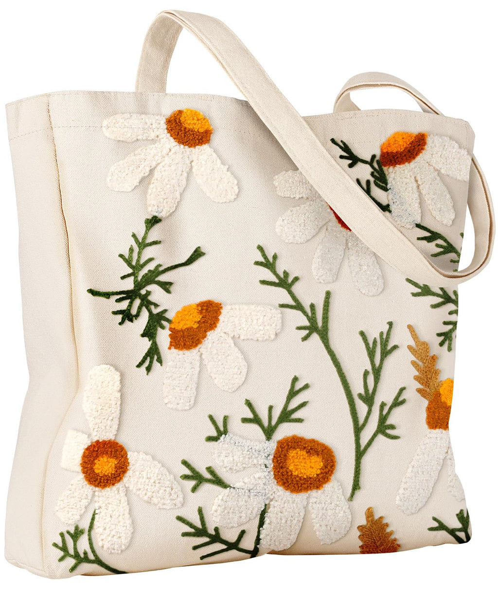 Miss Adola Aesthetic Embroidery Tote Bag for Women - Reusable Canvas Cloth Shoulder Bag with Cute 3d Full Daisy Embroidered Designer Shopping Bag for Grocery Work Book Vacation