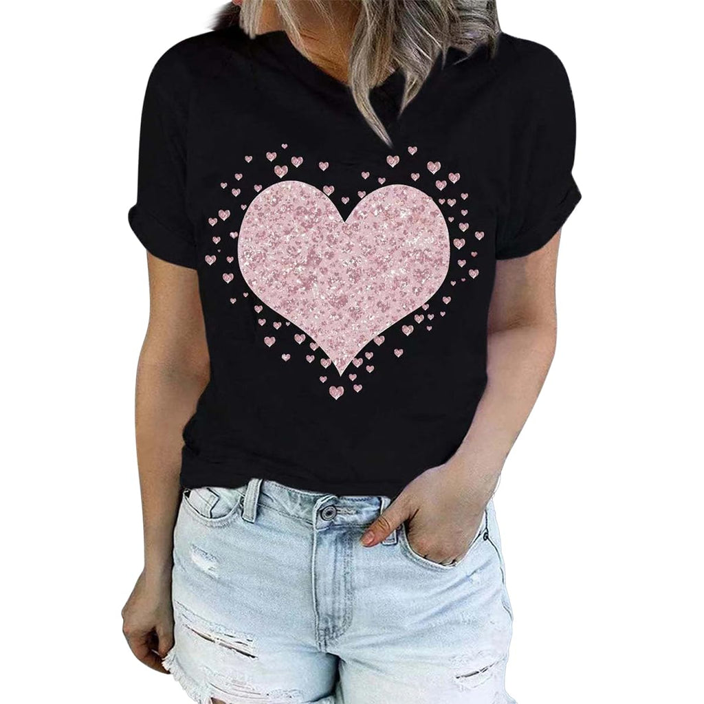 Womens Love Heart Leopard Print T-Shirts Casual Valentines Day Gift Graphic Tees Tops