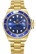 Reginald Mens Watch Luminous Quartz Rotatable Bezel Gold Stainless Steel Band and Case Waterproof Sports Blue Military Outdoor Watch