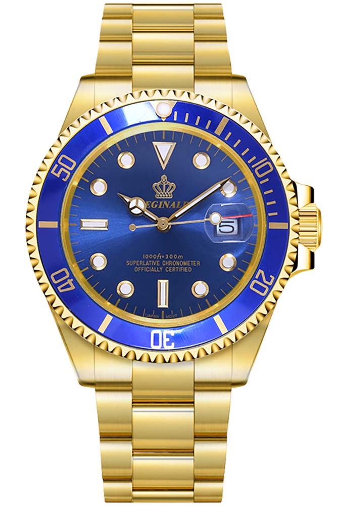 Reginald Mens Watch Luminous Quartz Rotatable Bezel Gold Stainless Steel Band and Case Waterproof Sports Blue Military Outdoor Watch